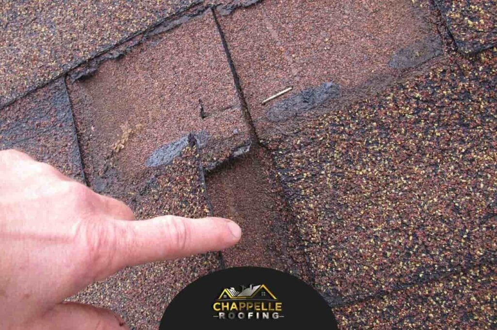 A person pointing at a damaged shingle on a roof with missing shingles.