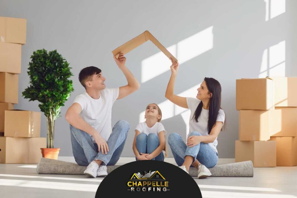 A family holding a cardboard roof on top of child