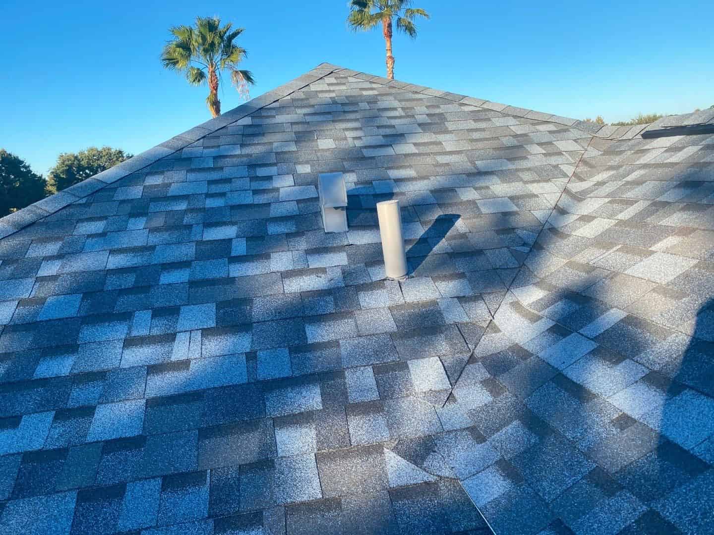 A gray shingled roof with palm trees in the background showcases expert shingle roof installation.